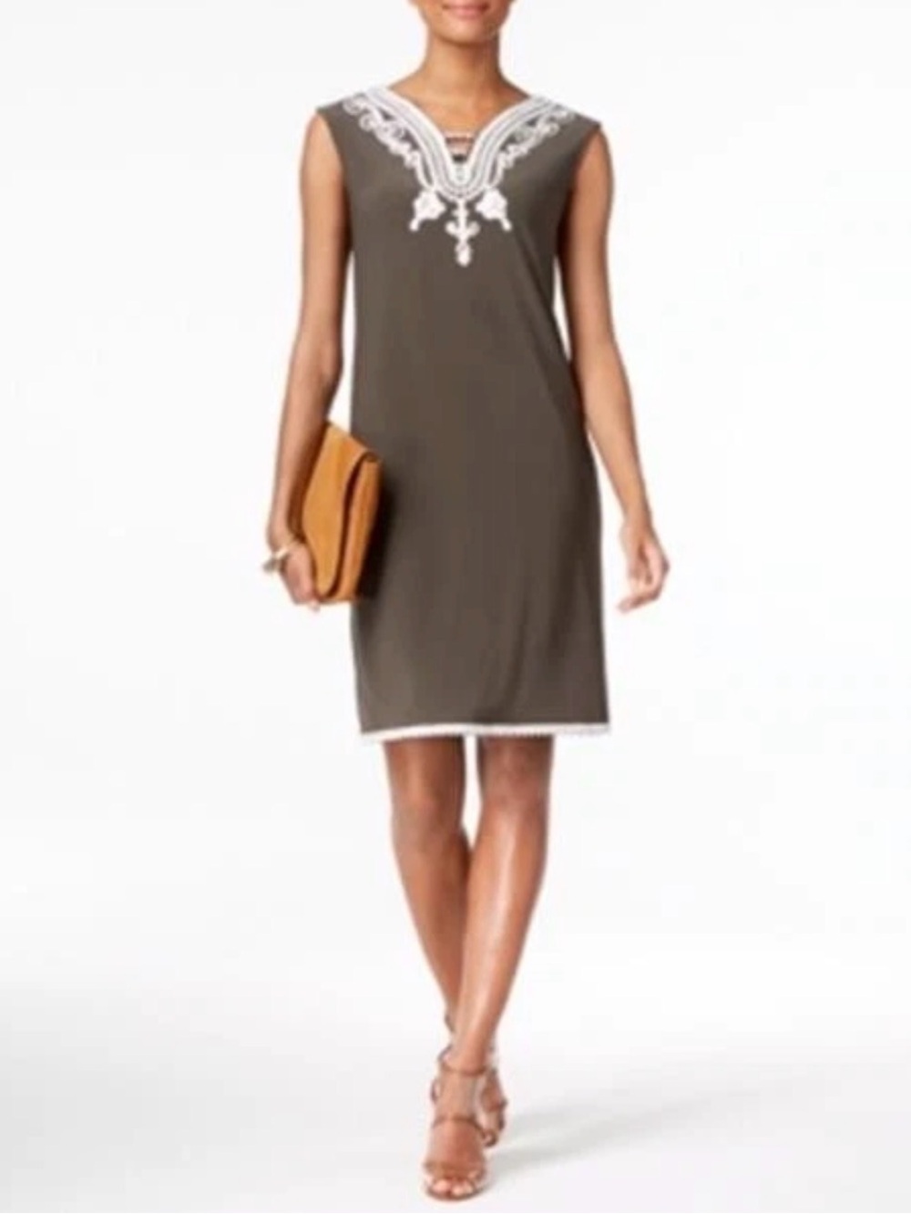 Alfani Olive Sleeveless Shift Dress with White Embroidery